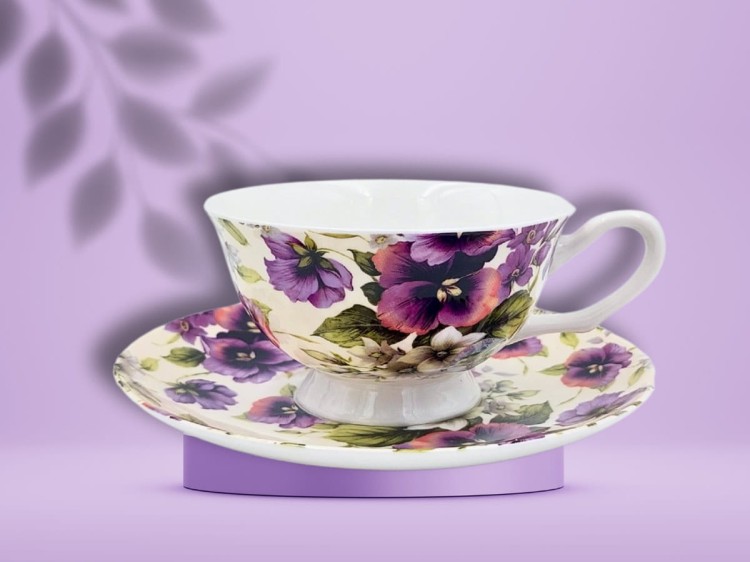 Filiżanka ze spodkiem kwiaty bratki 250 ml porcelana na prezent CARMANI