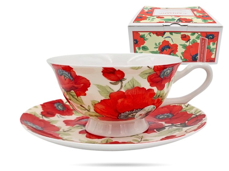 Filiżanka ze spodkiem kwiaty maki 250 ml porcelana na prezent CARMANI