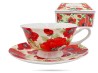Filiżanka ze spodkiem kwiaty maki 250 ml porcelana na prezent CARMANI