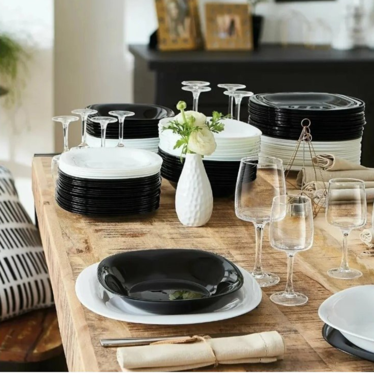 Serwis obiadowy z salaterką dla 12 osób 37 el czarno biały Carine LUMINARC