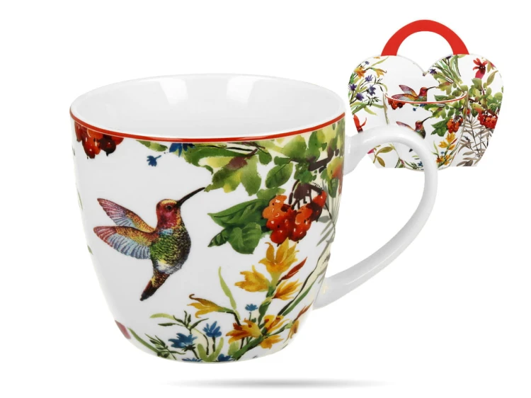 Kubek w koszyczku 460 ml Kwiaty Koliber Linnea porcelana na prezent DUO