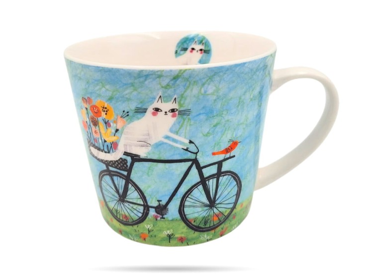 Kubek prosty 610 ml Koci świat rower porcelana na prezent DUO