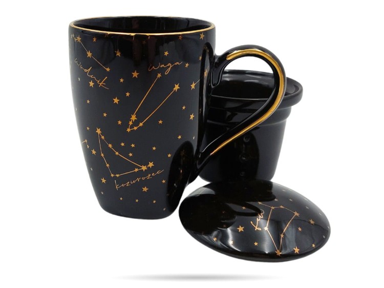 Kubek na prezent zaparzacz pokrywka 300 ml Zodiak Black PORCELANA BOGUCICE