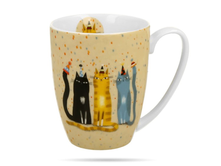 Kubek w koszyczku 360 ml Koci świat party porcelana na prezent DUO