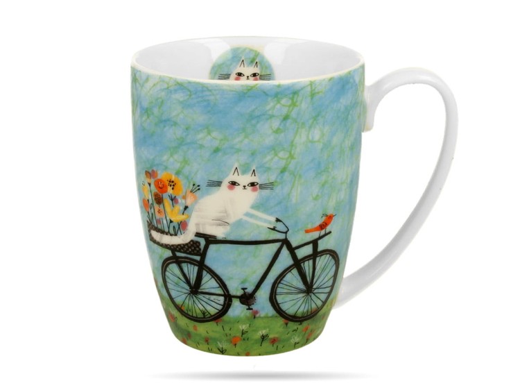 Kubek w koszyczku 360 ml Koci świat rower porcelana na prezent DUO