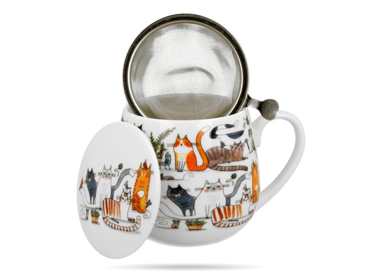 Kubek baryłka z zaparzaczem 430 ml Koci świat koty porcelana na prezent DUO