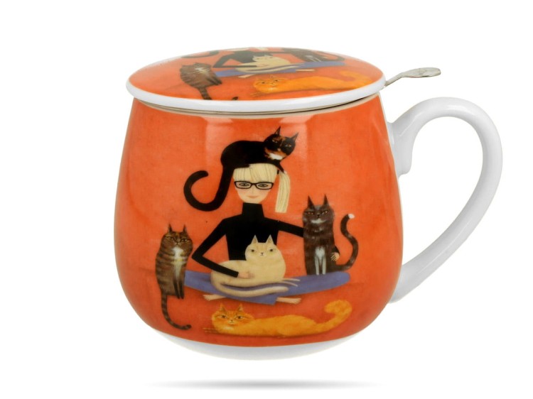 Kubek baryłka z zaparzaczem Koci świat Cindy i koty 430 ml porcelana DUO