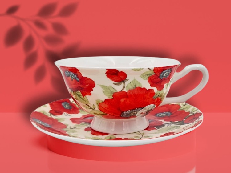 Filiżanka ze spodkiem kwiaty maki 250 ml porcelana na prezent CARMANI