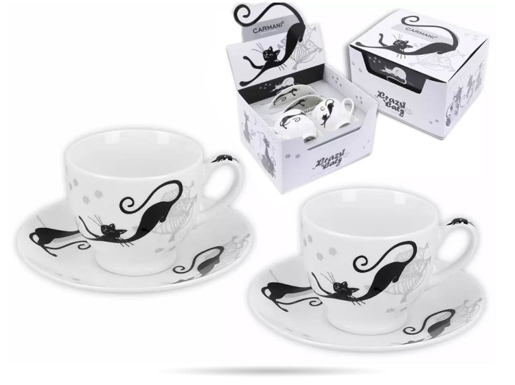 Filiżanki ze spodkami 100 ml koty poducha Crazy Cat espresso CARMANI