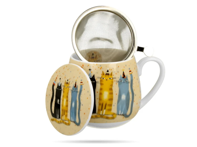 Kubek baryłka z zaparzaczem Koci świat party 430 ml porcelana na prezent DUO