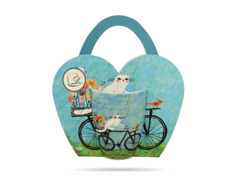 Kubek w koszyczku 360 ml Koci świat rower porcelana na prezent DUO