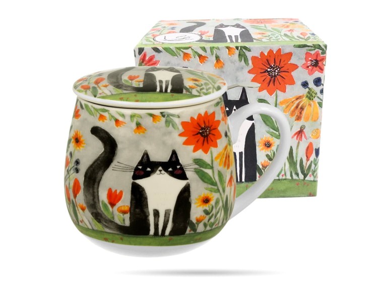 Kubek baryłka z zaparzaczem 430 ml Koci świat łąka porcelana na prezent DUO