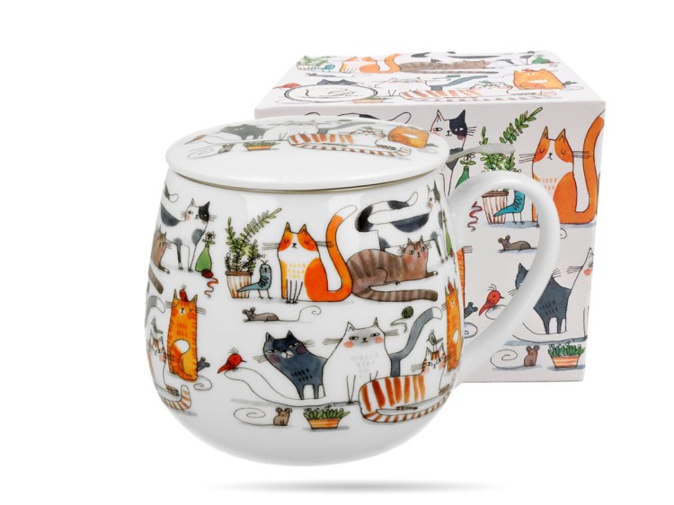 Kubek baryłka z zaparzaczem 430 ml Koci świat koty porcelana na prezent DUO