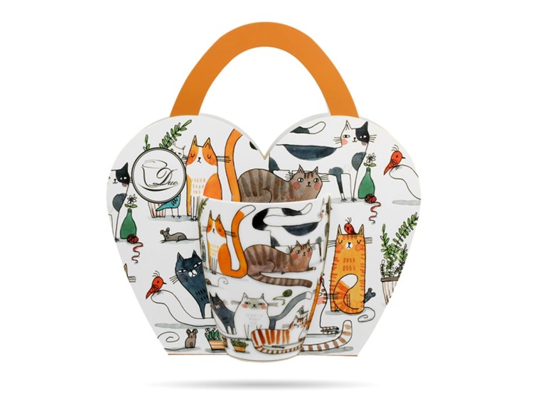 Kubek w koszyczku 360 ml Koci świat leniwe koty porcelana na prezent DUO