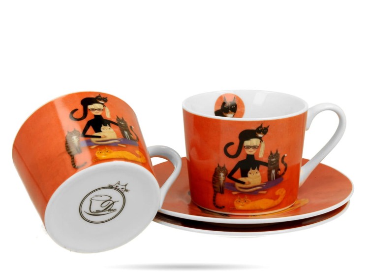 Filiżanki ze spodkami 2 szt Koci świat Cindy i koty 230 ml porcelana DUO