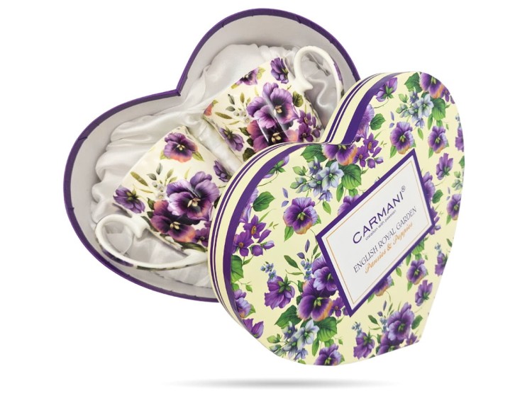 Kubki w sercu kwiaty bratki 300 ml 2 szt porcelana na prezent CARMANI