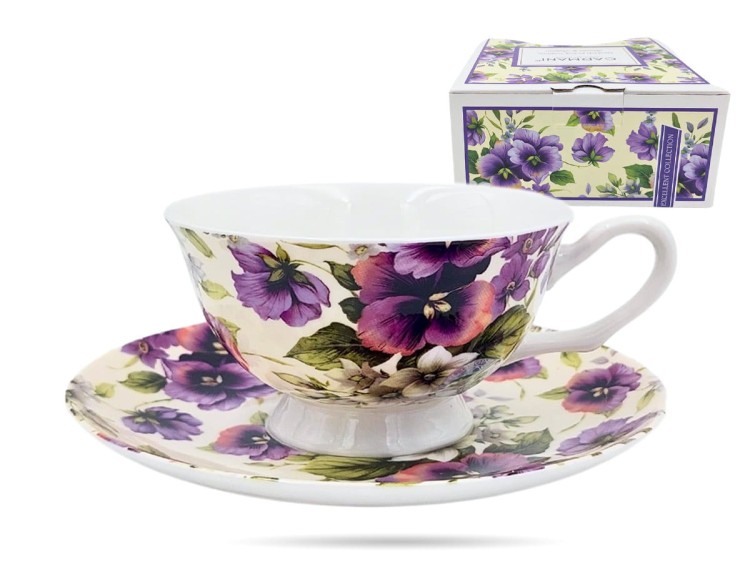 Filiżanka ze spodkiem kwiaty bratki 250 ml porcelana na prezent CARMANI