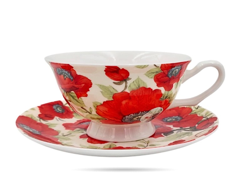 Filiżanka ze spodkiem kwiaty maki 250 ml porcelana na prezent CARMANI