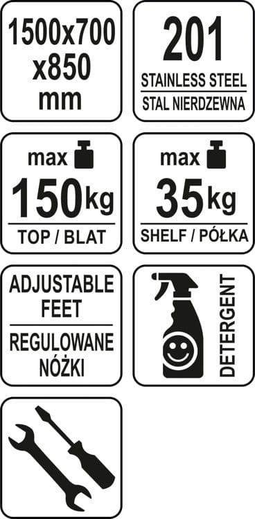 Stół centralny skręcany z półką 150x70x85 YATO