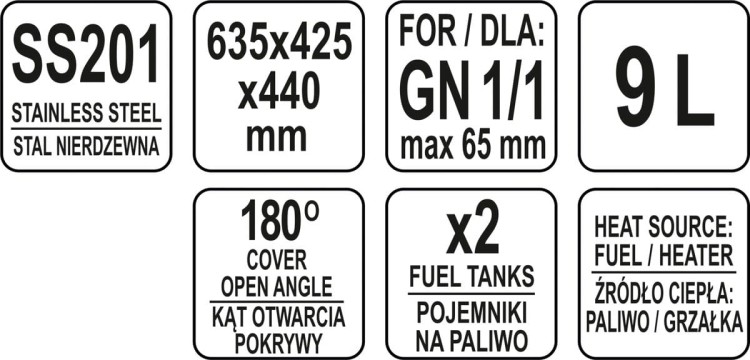 Podgrzewacz bufetowy roll-top 9L 180° GN 1/1 YATO