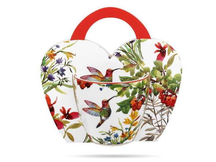 Kubek w koszyczku 460 ml Kwiaty Koliber Linnea porcelana na prezent DUO