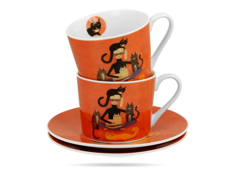 Filiżanki ze spodkami 2 szt Koci świat Cindy i koty 230 ml porcelana DUO