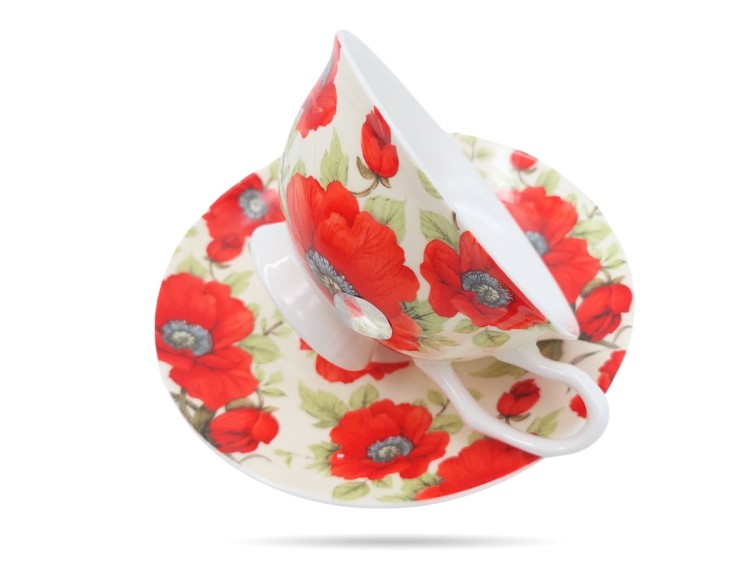 Filiżanka ze spodkiem kwiaty maki 250 ml porcelana na prezent CARMANI