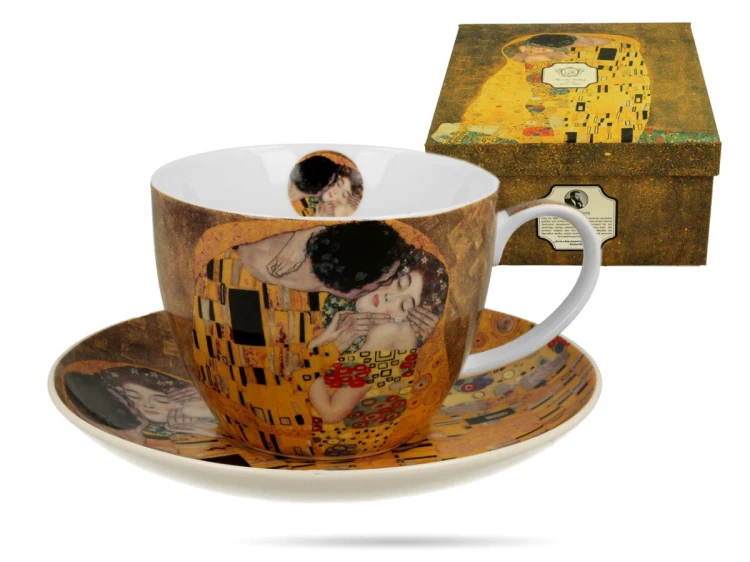 Filiżanka ze spodkiem Klimt Pocałunek 470 ml Jumbo porcelana na prezent DUO