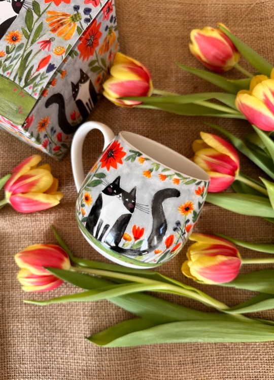 Kubek baryłka z zaparzaczem 430 ml Koci świat łąka porcelana na prezent DUO