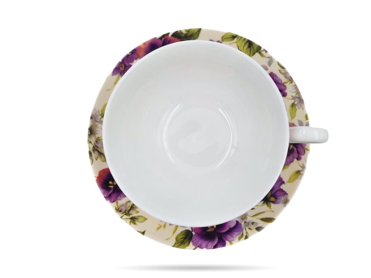 Filiżanka ze spodkiem kwiaty bratki 250 ml porcelana na prezent CARMANI