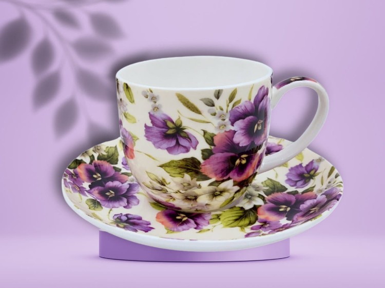 Filiżanki ze spodkami 320 ml 2 szt bratki porcelana na prezent CARMANI