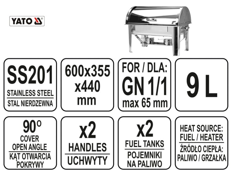 Podgrzewacz bufetowy roll-top 9 litrów GN 1/1 YATO