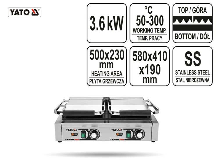 Podwójny grill gastro 1/2 PŁASKI 58CM 3,6KW YATO