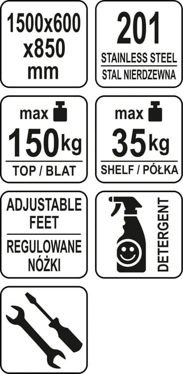 Stół centralny skręcany z półką 150x60x85 YATO