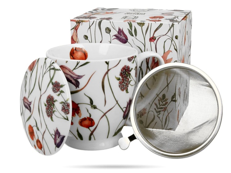 Kubek na stopce w kwiaty z zaparzaczem 510 ml Royal porcelana prezent DUO