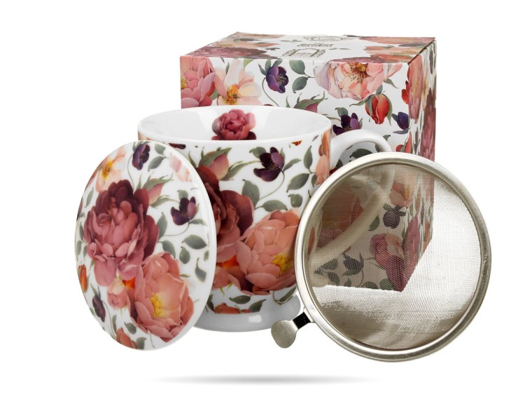Kubek na stopce w kwiaty z zaparzaczem 510 ml róże Royal porcelana DUO