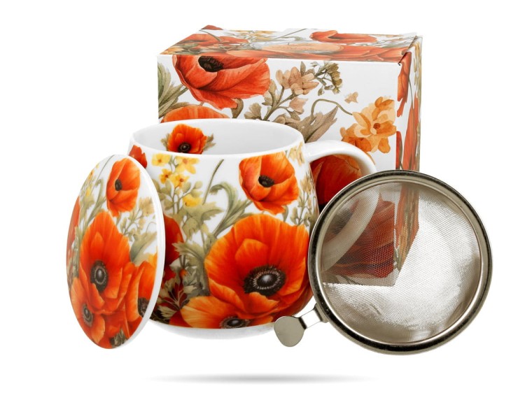 Kubek baryłka z zaparzaczem maki polne 430 ml porcelana prezent DUO