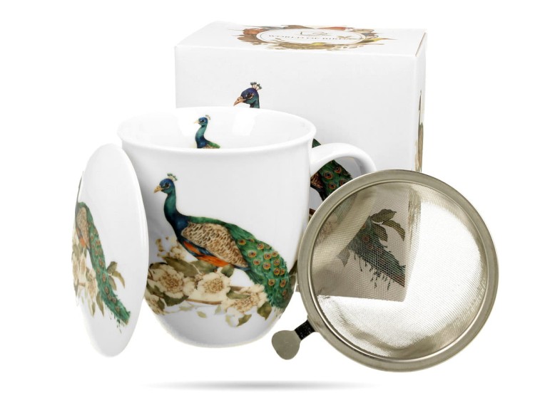 Kubek z zaparzaczem ptaki paw 400 ml Ptasi świat porcelana prezent DUO