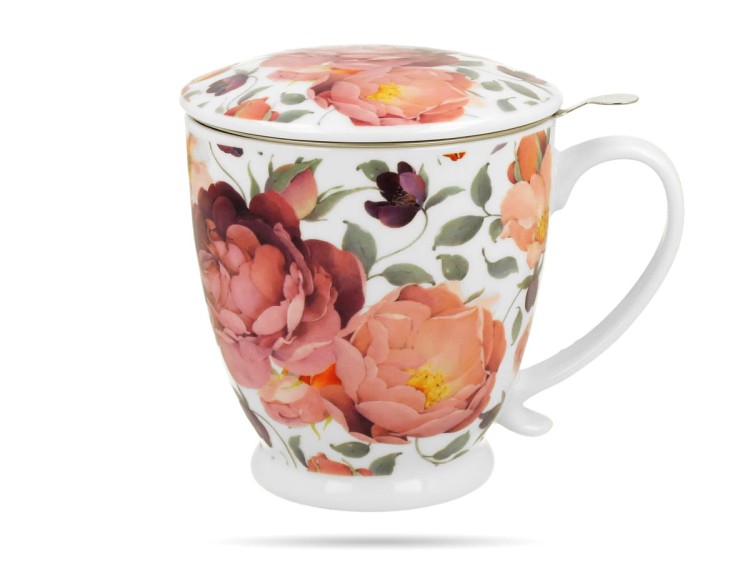 Kubek na stopce w kwiaty z zaparzaczem 510 ml róże Royal porcelana DUO