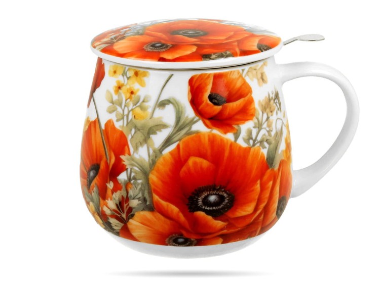 Kubek baryłka z zaparzaczem maki polne 430 ml porcelana prezent DUO