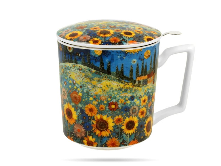 Kubek z zaparzaczem pole słoneczników Modern 450 ml porcelana prezent DUO