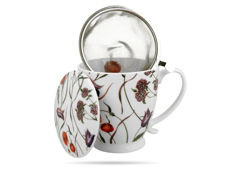 Kubek na stopce w kwiaty z zaparzaczem 510 ml Royal porcelana prezent DUO