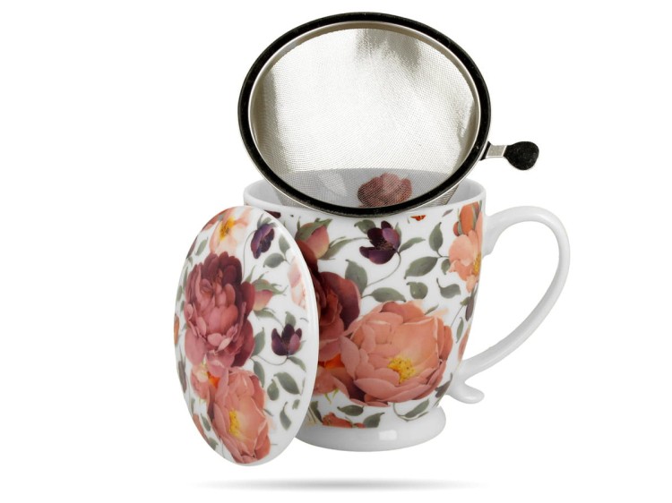 Kubek na stopce w kwiaty z zaparzaczem 510 ml róże Royal porcelana DUO