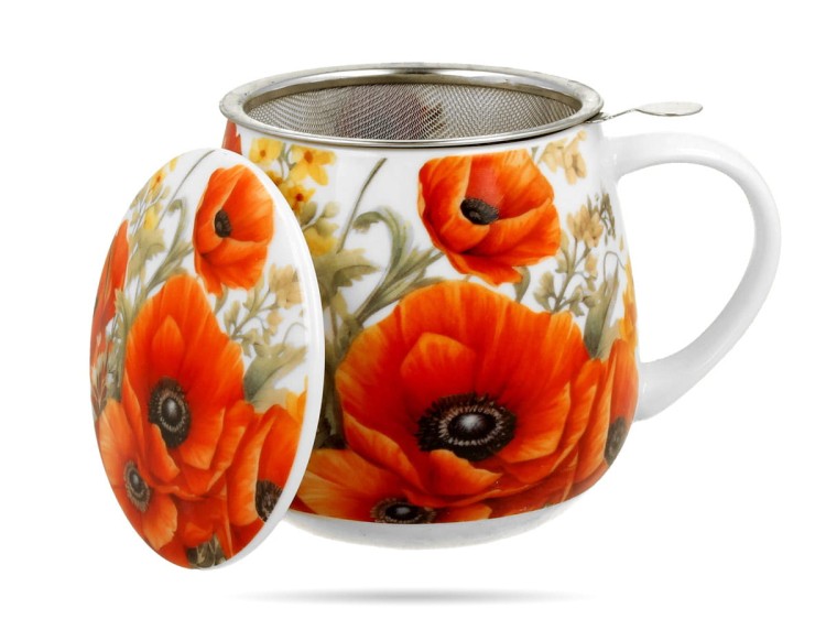 Kubek baryłka z zaparzaczem maki polne 430 ml porcelana prezent DUO