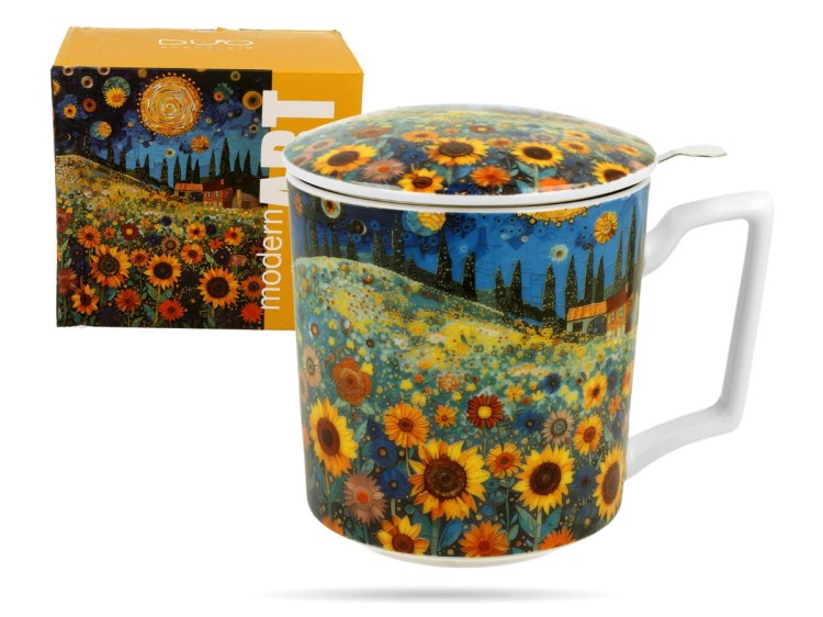 Kubek z zaparzaczem pole słoneczników Modern 450 ml porcelana prezent DUO