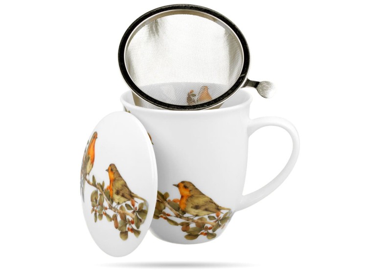 Kubek z zaparzaczem ptaki rudziki 400 ml Ptasi świat porcelana prezent DUO