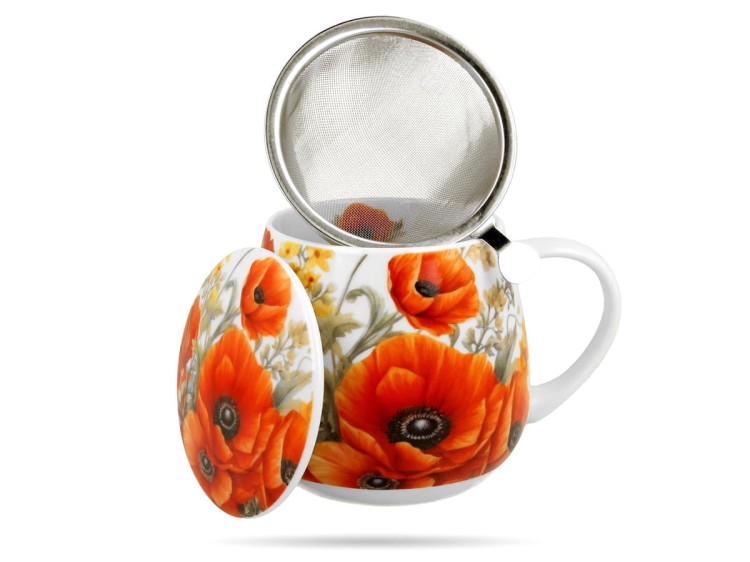 Kubek baryłka z zaparzaczem maki polne 430 ml porcelana prezent DUO