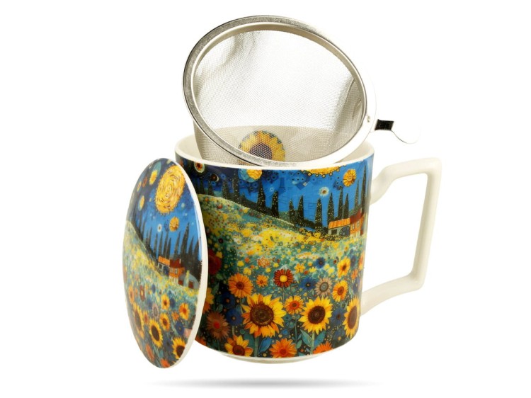Kubek z zaparzaczem pole słoneczników Modern 450 ml porcelana prezent DUO