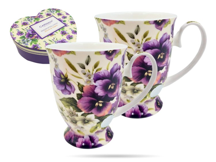 Kubki w sercu kwiaty bratki 300 ml 2 szt porcelana na prezent CARMANI