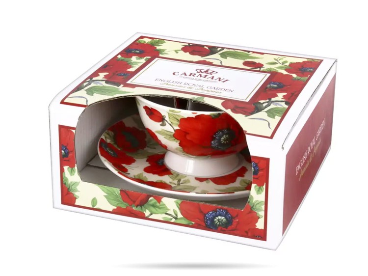 Filiżanka ze spodkiem kwiaty maki 250 ml porcelana na prezent CARMANI